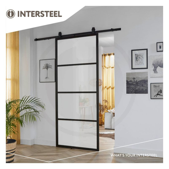 Picture of DIY SLIDING DOOR CUBO BLACK INCL. FROSTED GLASS 980X2350X28MM + BLACK SUSPENSION