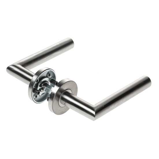 Picture of D4E STAINLESS STEEL DOOR LEVER FIXED TURNABLE ON ROSETTE KL4 HOOKED DESIGN
