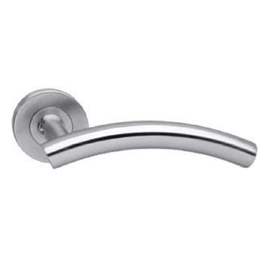 Picture of doorlever arched on spring-loaded steel frame with cams ø53X8MM stainless steel EN190